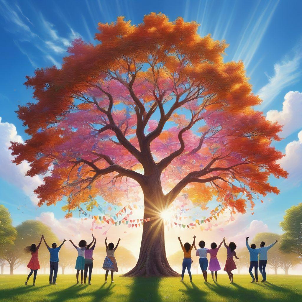 A diverse group of smiling individuals, gathered in a warm, sunlit park, exchanging encouraging words and laughter. In the center, a glowing tree symbolizing hope, with colorful ribbons hanging from its branches. Surrounding them, soft, fluffy clouds drifting in a clear blue sky, embodying uplifting energy. The scene captures a sense of unity, joy, and empowerment, inviting the viewer into a supportive atmosphere. vibrant colors. super-realistic. soft focus.
