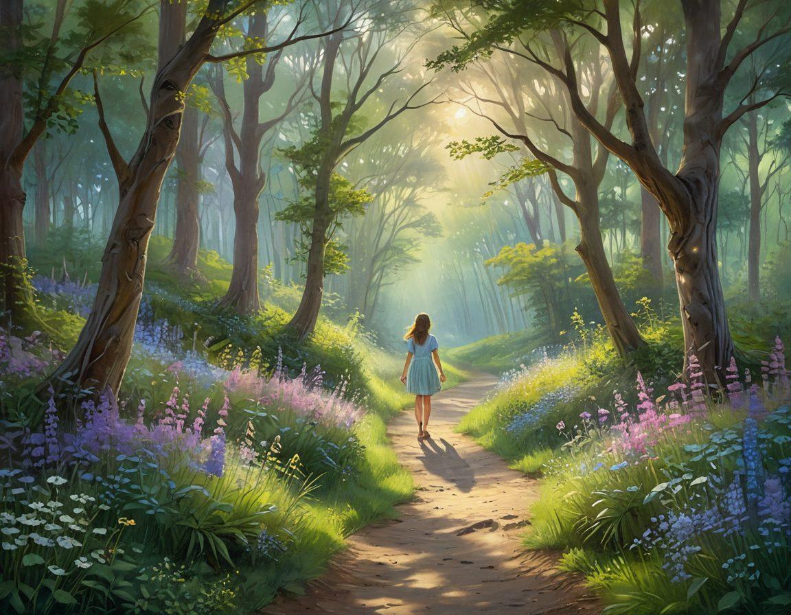 A serene landscape featuring a winding path through a lush green forest, symbolizing a journey. Alongside the path, gentle rays of sunlight breaking through the trees, illuminating small wildflowers representing hope and compassion. An ethereal figure, embodying grace, enhances the spiritual atmosphere, walking hand-in-hand with a child. The sky above a soft pastel gradient, reflecting peace and tranquility. painting. vibrant colors. ethereal lighting.
